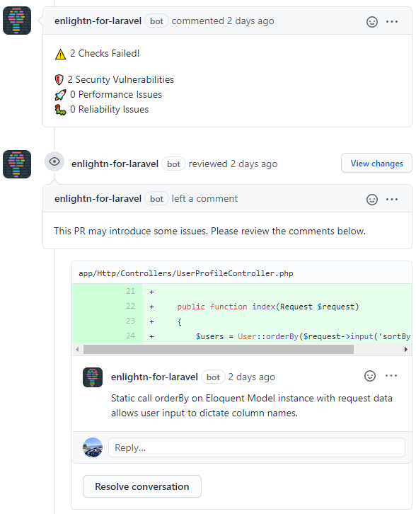 Enlightn Github Bot PR Review